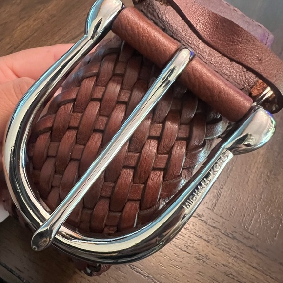 Michael Kors Y2K wide woven genuine Leather Belt Silver Buckle logo tassel XL - Picture 5 of 7